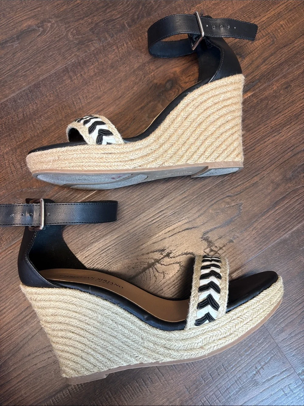 Christian Siriano Black and Cream Braided Espadrille Wedge Sandals women’s 7.5